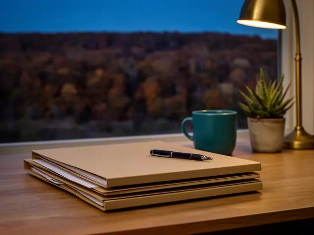 A neat stack of closed manila folders and a pen on a desk by a window.