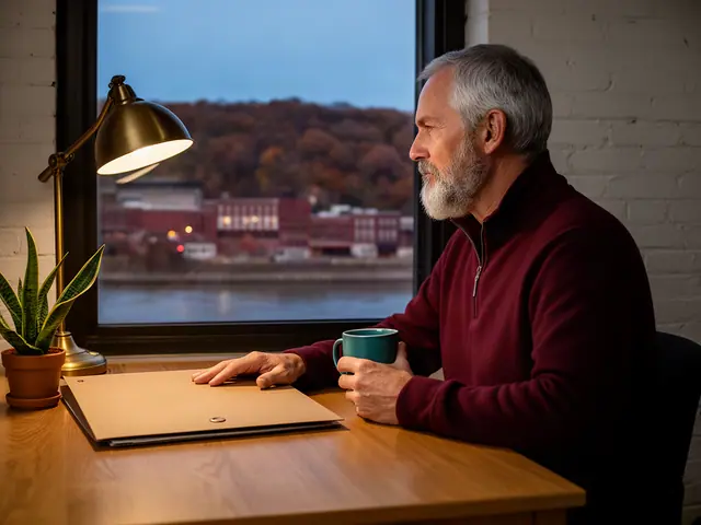 A man with short gray hair at a desk with a folder and a mug in a small back office.