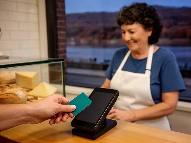 A customer taps a card on a counter terminal at a small cheese and sandwich shop.