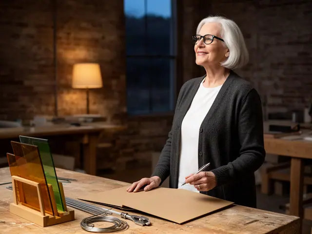 A woman with short white hair and black-framed glasses at a work table with a closed folder in a small stained-glass studio.